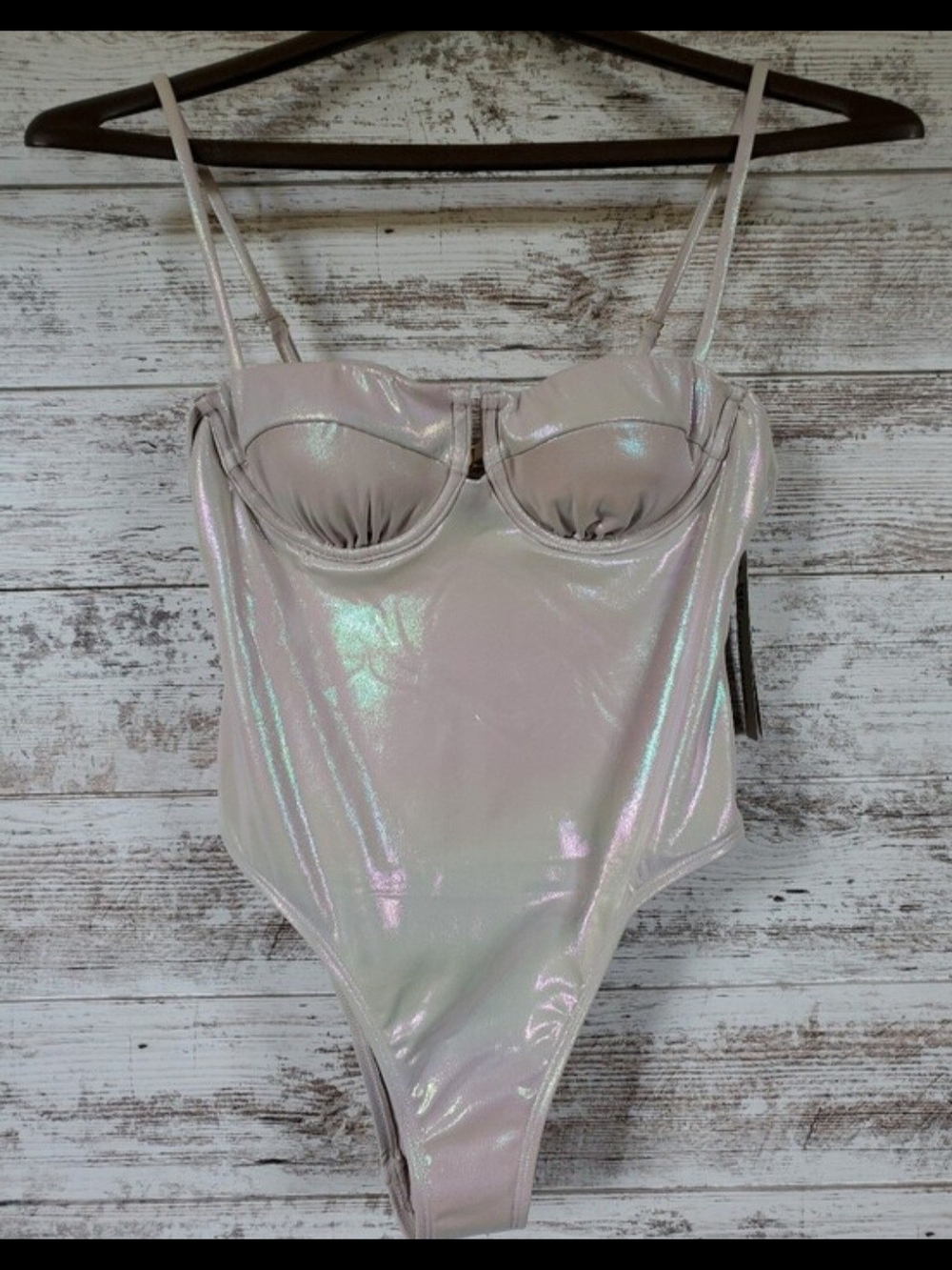 No Boundaries Iridescent Light Pink Underwire One-Piece Bodysuit Swimsuit NWT